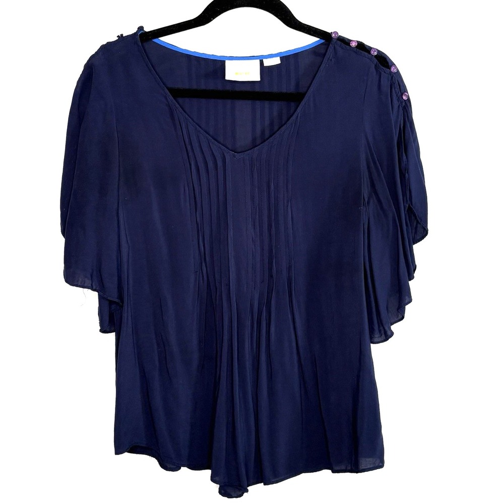 Maeve Womens 6 Maya Pintuck Pleat Top Flutter Sleeve Blouse Navy Boho Earthy